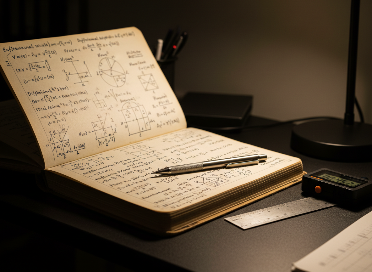 A close-up of a thick, weathered engineering field notebook lying open on a matte black desk, its pages filled with dense calculations, tidy free-body diagrams, and carefully annotated system models in dark blue ink. A finely machined titanium mechanical pencil rests across the spine, alongside a compact stainless steel ruler and a small, rugged digital timer displaying elapsed practice intervals. Warm, focused desk lighting from an adjustable lamp pools over the notebook, leaving the background in gentle shadow. Captured from a low, oblique angle with shallow depth of field, the attention stays on the marks of iteration and refinement. The mood is intense and disciplined, evoking mastery forged through consistent, deliberate practice, rendered in detailed photographic realism.