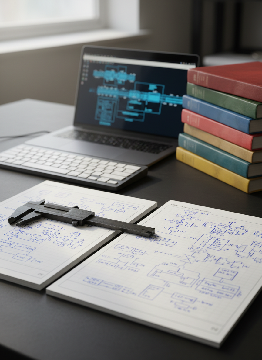 A meticulously organized engineer’s workbench covered with a dark, matte surface, displaying a precise arrangement of open technical notebooks filled with clean, hand-drawn diagrams, a rugged metal caliper, a brushed aluminum mechanical keyboard, and a slim laptop showing a complex system schematic. On the side, a stack of color-coded reference manuals with worn spines suggests decades of refinement. Soft, directional daylight from a nearby window creates gentle highlights on metal edges and subtle shadows between objects. Shot at eye level with a shallow depth of field, the foreground in sharp focus and the background slightly blurred. The mood is focused and professional, evoking disciplined learning and mastery through engineering practice, rendered in clean, photographic realism.