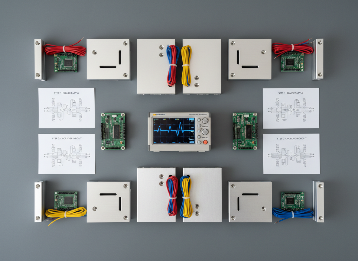 An overhead view of a modular engineering learning kit arranged on a smooth, slate-gray tabletop: precision-machined metal components, small circuit boards, neatly coiled wires, laser-etched instruction cards, and a compact digital oscilloscope with a clear waveform on its screen. Each item is placed in a deliberate grid-like pattern, suggesting structure and repeatability. Soft, diffused studio lighting eliminates harsh shadows, creating a clean, even look with gentle highlights on metallic surfaces. The composition is symmetrical and balanced, with sharp focus across the entire frame. The mood is methodical and professional, illustrating a systematic approach to mastering complex technical skills in competitive contexts, captured in high-resolution photographic realism.