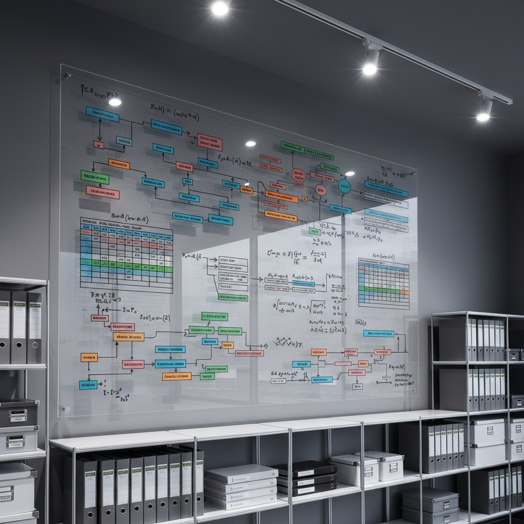 A large, transparent acrylic wall board filled with a layered engineering learning roadmap, featuring interconnected flowcharts, color-coded timelines, and neatly written formulas, all rendered with precise marker lines. Around it, matte charcoal walls and minimalist shelving hold neatly stacked binders and labeled storage boxes. Overhead, cool white track lighting casts even illumination, creating crisp reflections on the acrylic surface and soft shadows on the wall behind. Captured from a slightly angled perspective to emphasize depth, the composition follows the rule of thirds with the roadmap as the focal point. The atmosphere is analytical and strategic, conveying a proven methodology for building competency in demanding technical environments, in a modern, photographic style.