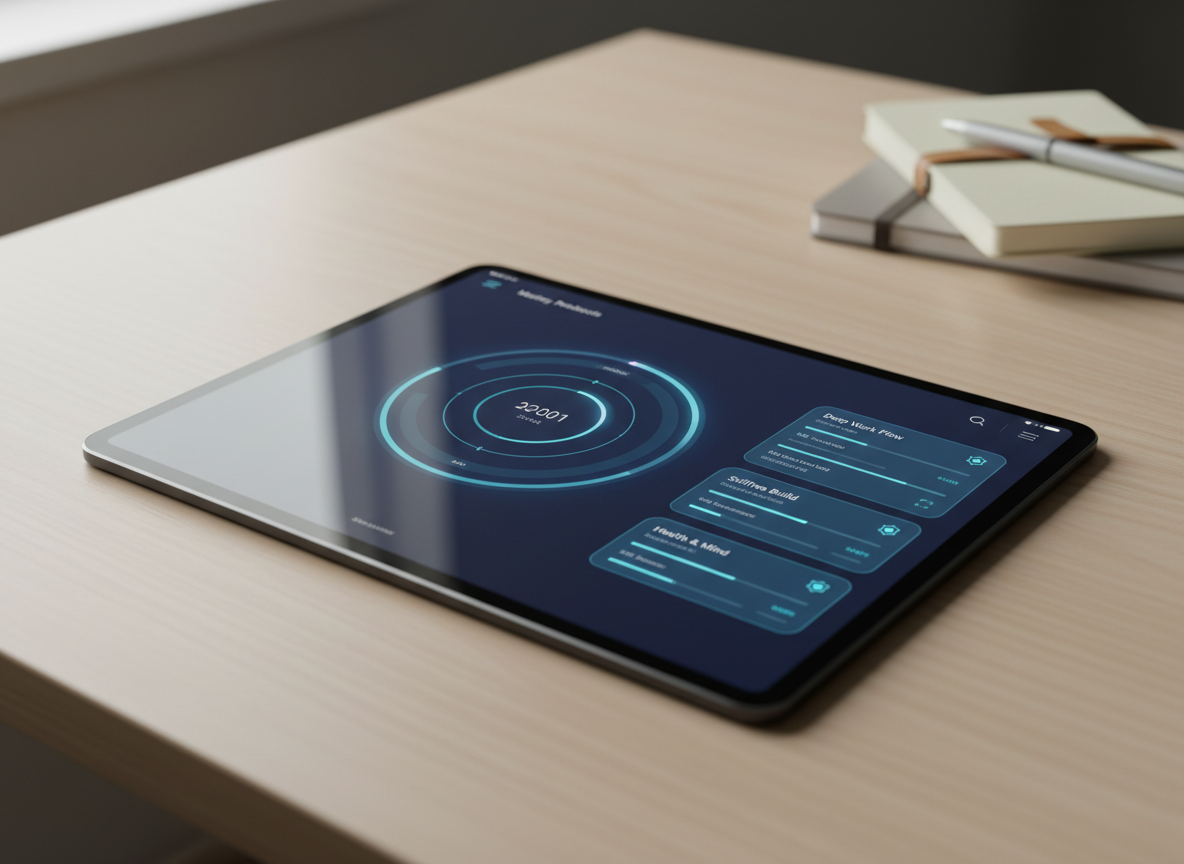 A sleek digital dashboard interface displayed on an ultra-thin, matte-black tablet resting on a clean, pale wood desk. The screen shows colorful progress rings, streak counters, and neatly organized mastery protocols arranged in cards, all in a modern, minimal UI with deep blues, teals, and subtle gradients. Soft daylight from an unseen window washes across the surface, creating gentle reflections on the glass and a calm, focused atmosphere. In the slightly blurred background, a few neatly stacked notebooks and a pen hint at structured planning. Photographic realism, shot from a slightly elevated, three-quarter angle with a shallow depth of field, emphasizing the tablet as the clear focal point for focused daily mastery.