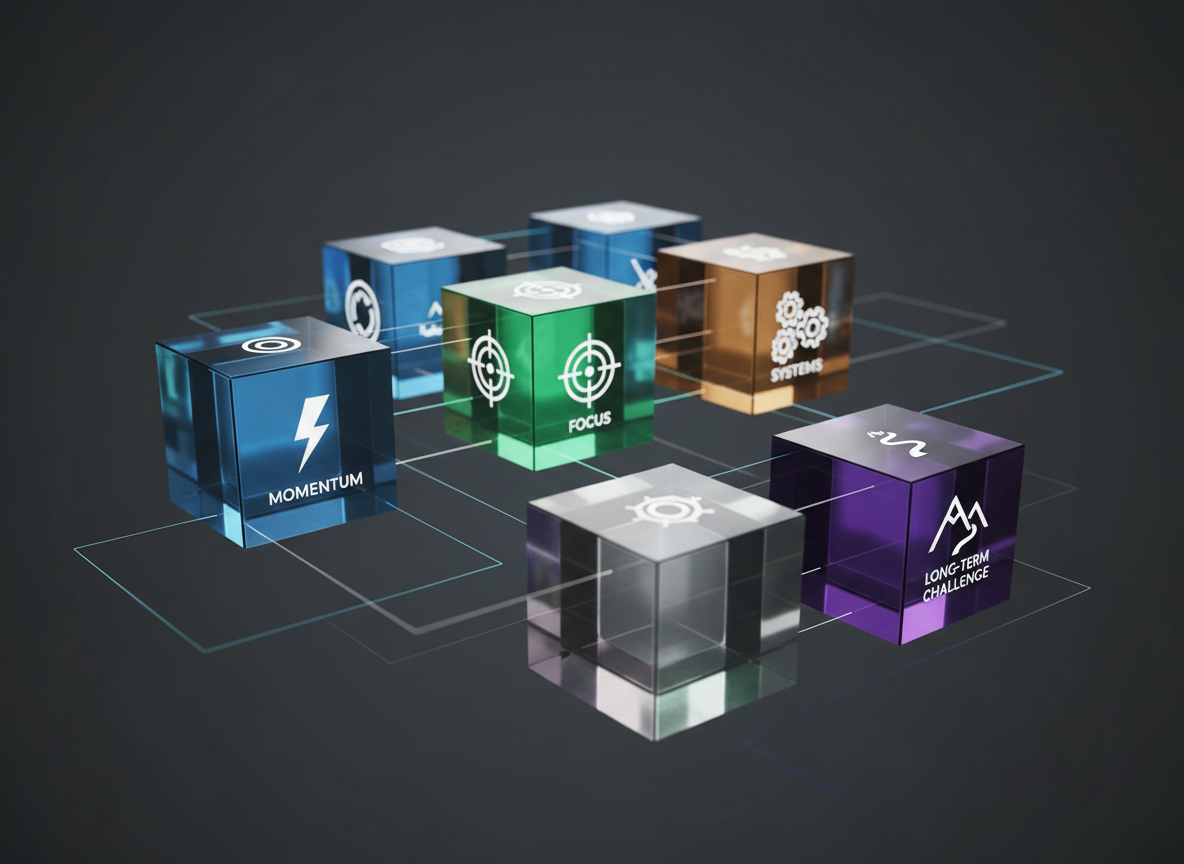 A grid of translucent, three-dimensional cubes floating in midair against a dark, neutral background, each cube glowing softly with a different mastery icon: a lightning bolt for momentum, a target for focus, a gear for systems, a mountain for long-term challenge. Subtle lines of light connect some cubes, suggesting protocols and frameworks. Directional studio lighting from above and slightly to the side creates crisp edges, clean reflections, and a sophisticated, tech-forward aesthetic. Photographic realism with a hint of cinematic depth, captured at a slight angle with sharp focus on the foreground cubes and gentle blur on those further away, embodying a polished, professional mastery hub.