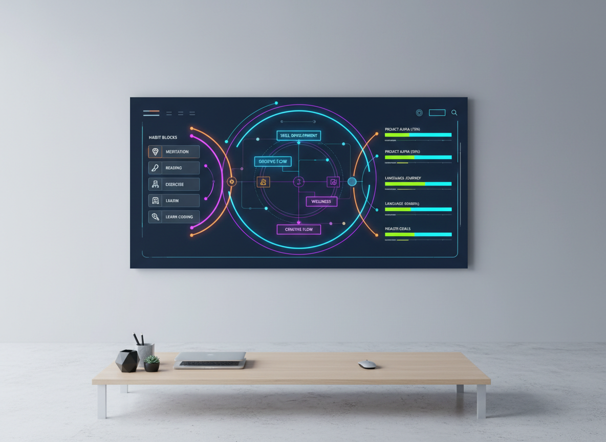 A large, wall-mounted digital display showing a mastery "control center" with interconnected flowcharts, habit stacks, and progress timelines glowing in cool blues and vibrant accent colors. The screen floats on a smooth, light gray wall in a minimalist workspace, framed by a tidy desk with a closed laptop and a single, geometric desk organizer. Soft, evenly diffused studio lighting creates a clean, professional feel with minimal shadows. Photographic realism, captured straight-on at eye level with sharp focus across the entire frame, conveying a sense of organized systems thinking, precision, and high-level strategy behind daily mastery practices.