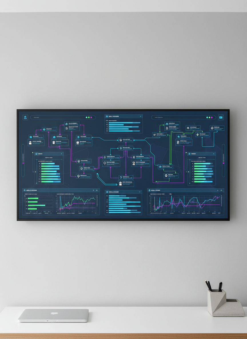 A large, wall-mounted digital display showing a mastery "control center" with interconnected flowcharts, habit stacks, and progress timelines glowing in cool blues and vibrant accent colors. The screen floats on a smooth, light gray wall in a minimalist workspace, framed by a tidy desk with a closed laptop and a single, geometric desk organizer. Soft, evenly diffused studio lighting creates a clean, professional feel with minimal shadows. Photographic realism, captured straight-on at eye level with sharp focus across the entire frame, conveying a sense of organized systems thinking, precision, and high-level strategy behind daily mastery practices.