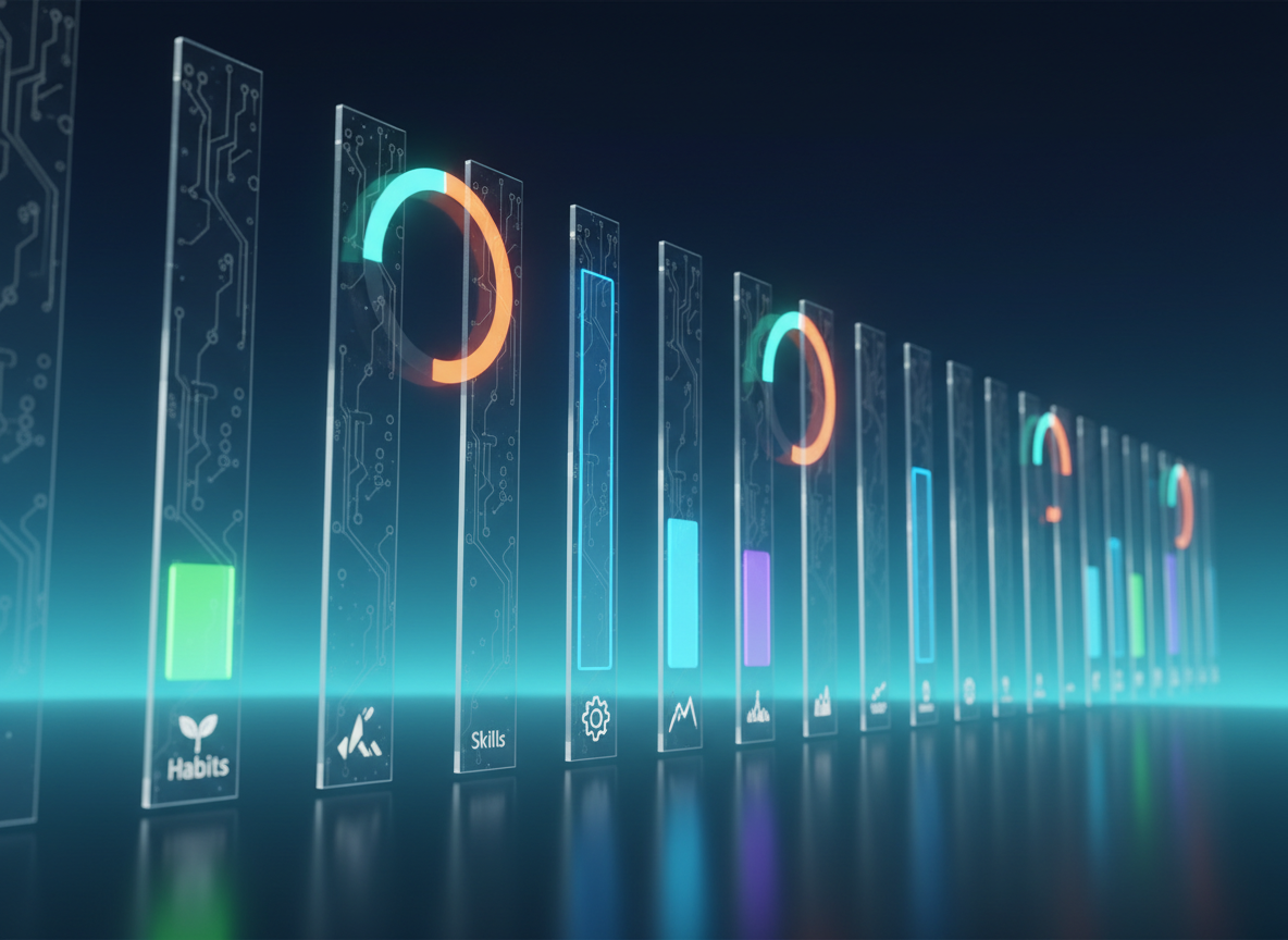 A series of vertical, glowing progress bars and circular mastery dials suspended against a soft, gradient background shifting from deep navy to teal. Each bar is labeled with abstract icons for habits, skills, and challenges, some nearly full, others just beginning, symbolizing different stages of mastery. Clean, controlled studio lighting enhances the luminous edges of the bars and dials, creating a refined, high-tech atmosphere. Photographic realism with a strong sense of depth, captured from a low, slightly off-center perspective so the elements recede elegantly into the distance, suggesting ongoing growth, momentum, and the layered mechanics of building mastery over time.