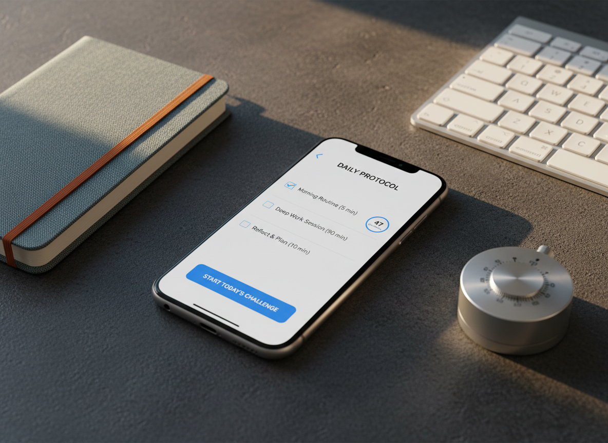 A smartphone lying on a textured charcoal desktop, displaying a mastery app home screen featuring a clear daily protocol checklist, streak counter, and a prominent "Start Today’s Challenge" button in a bold accent color. Around the phone, neatly arranged objects—a slim wireless keyboard, a minimal metal timer, and a closed notebook with an elastic band—reinforce a sense of structured productivity. Natural late-afternoon light from the left creates soft, directional shadows and subtle highlights along the phone’s edges. Photographic realism, captured from a slightly elevated, close-up angle with shallow depth of field, conveying immediacy, clarity, and the feeling of being ready to take precise, intentional action.