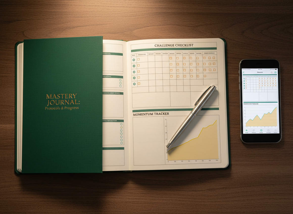 An open hardcover mastery journal on a dark walnut desk, filled with neatly structured layouts: daily protocols, challenge checklists, and momentum trackers printed in crisp black ink with subtle color accents. A fine-tip metal pen rests diagonally across the page, and a slim smartphone beside it displays a matching digital tracker interface. Warm ambient light from a modern desk lamp outside the frame creates a cozy yet focused glow, casting soft shadows and gentle highlights on the paper texture. Photographic realism, shot from a top-down, bird’s-eye perspective, with balanced composition that feels methodical, intentional, and perfectly aligned with building disciplined daily habits.